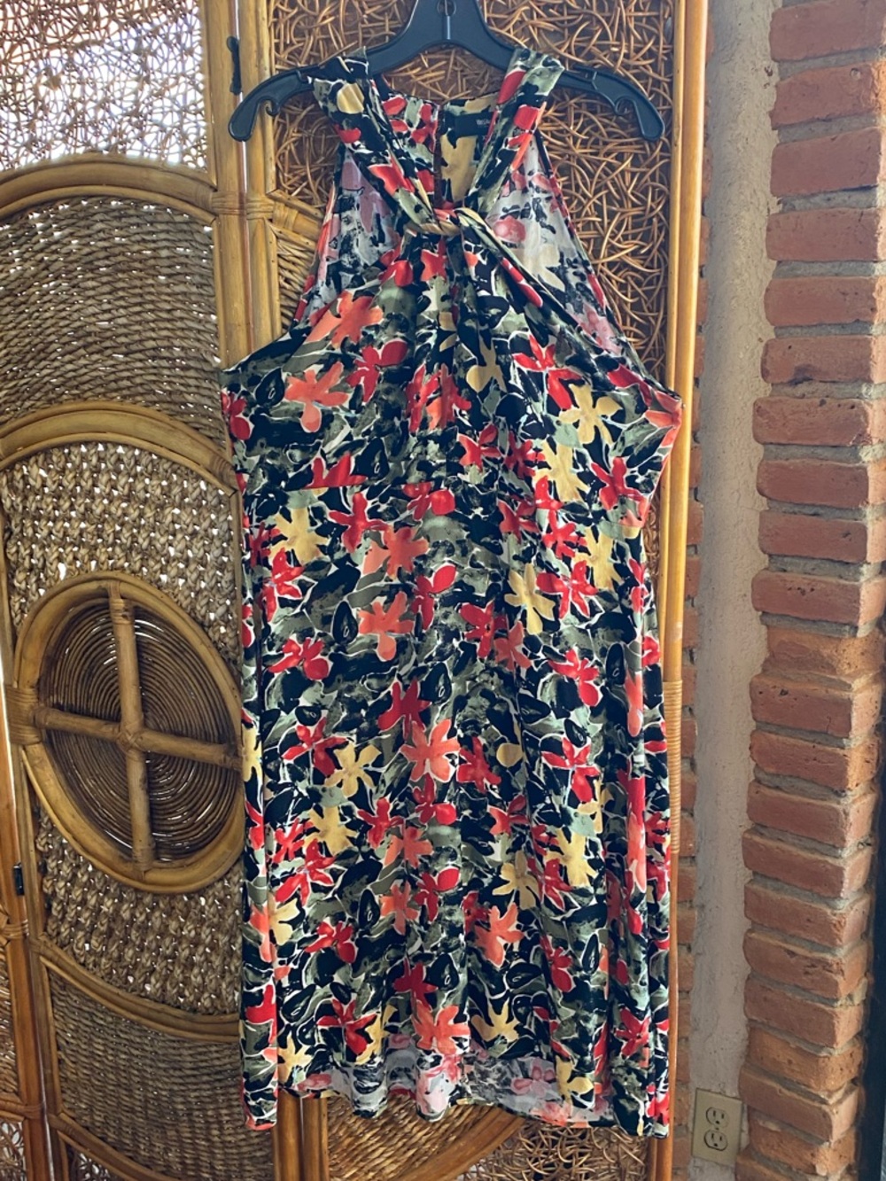Massimo Red, Yellow & Black Mixed Floral Print Dress Halter Twist Size X-Large